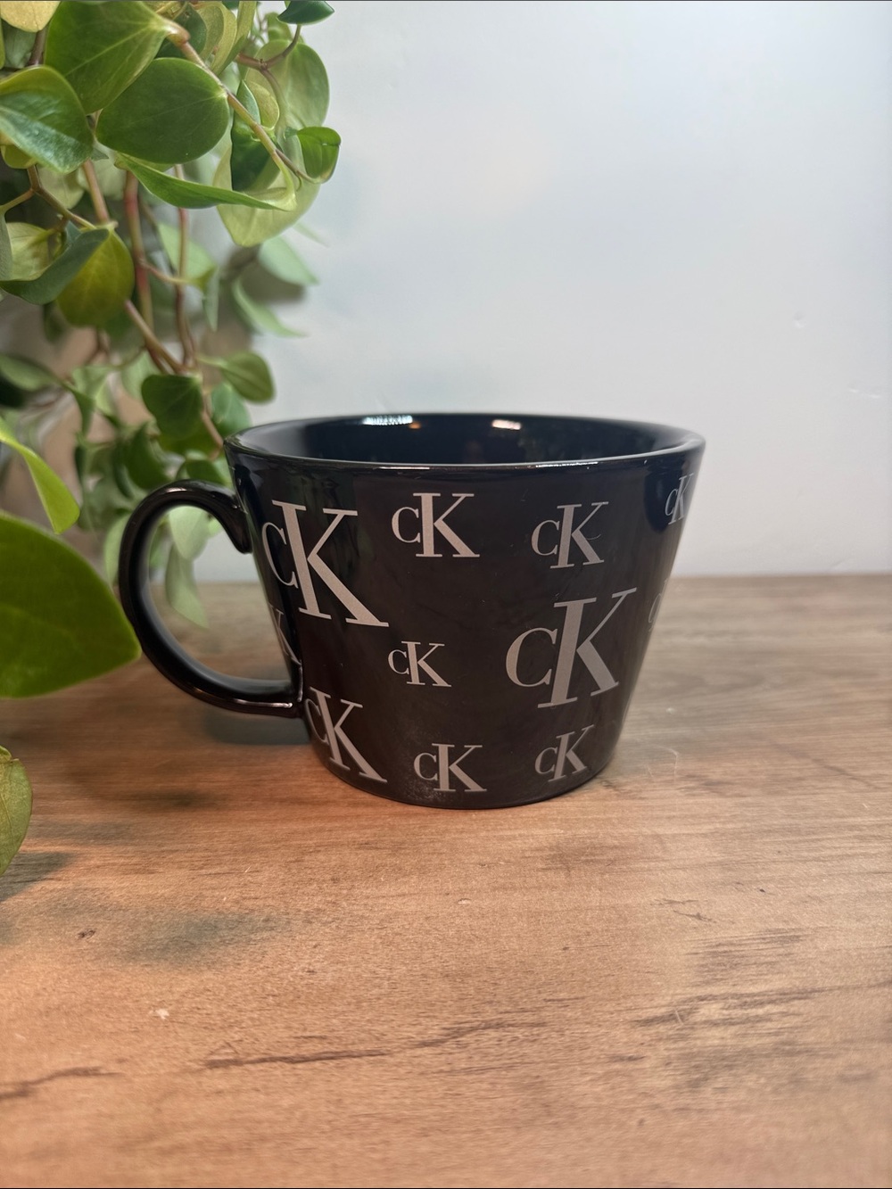 Calvin Klein CK Logo Black Ceramic Mug Repeating Monogram